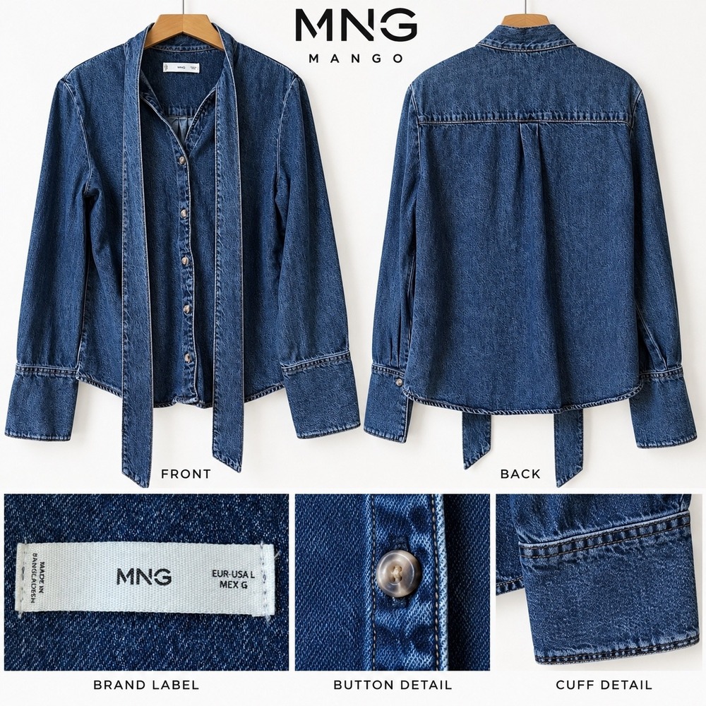 MNG Mango Blue Denim Tie Neck Button Front Top Large Boho Casual Chic Size Large